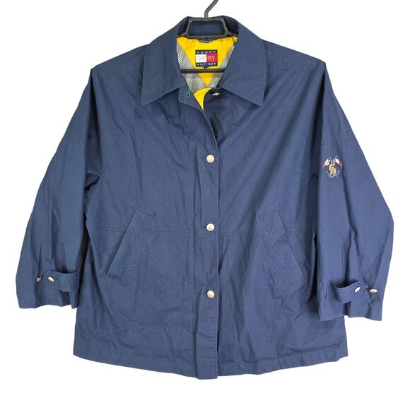 Womens Vintage Tommy Hilfiger Navy Blue Jacket Embroidered Logo Button Up Size L - Picture 1 of 9